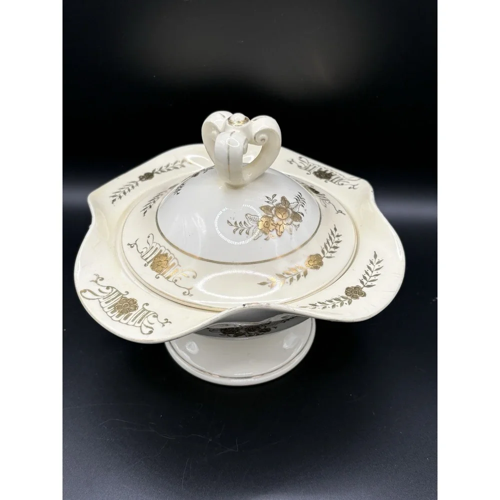 Vintage Arnart Japan Triple Condiment Server Hand-Painted Gold Floral Porcelain